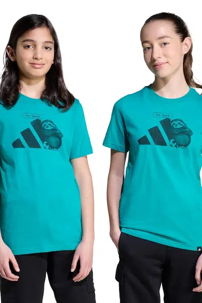 Dětské bavlněné tričko adidas zelená barva, s potiskem, JV5253