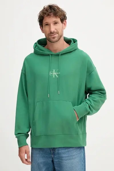 Mikina Calvin Klein Jeans pánská, zelená barva, s kapucí, s potiskem, LV04RC281G