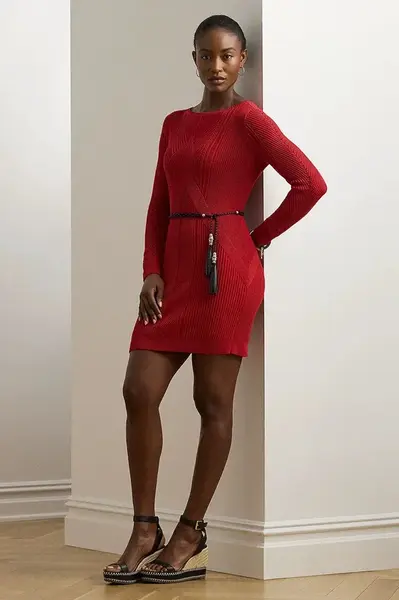 Šaty Lauren Ralph Lauren červená barva, midi, přiléhavé, 200971346