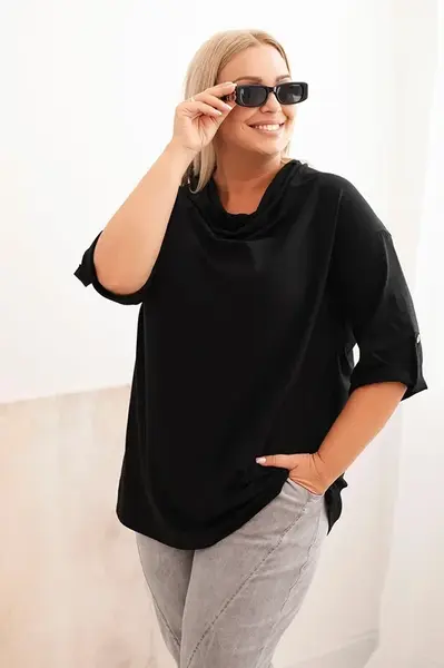 Kesi Włoski Dámská blůza Plus Size z bavlny s volným střihem a vodním výstřihem černá