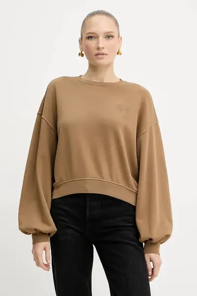 Bavlněná mikina Pinko dámská, hnědá barva, hladká, 105510 A2RB