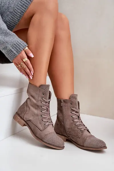 PS1 Ozdobené botky na plochém podpatku eko semišové zateplené hnědé Ellieo