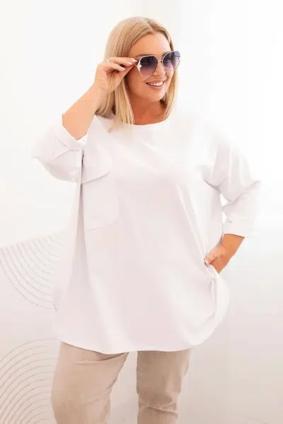 Kesi Włoski Dámská blůza Plus Size s bavlnou, s kapsou a s ohrnovacími rukávy bílá