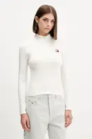 Tričko s dlouhým rukávem Tommy Jeans béžová barva, s pologolfem, DW0DW21567