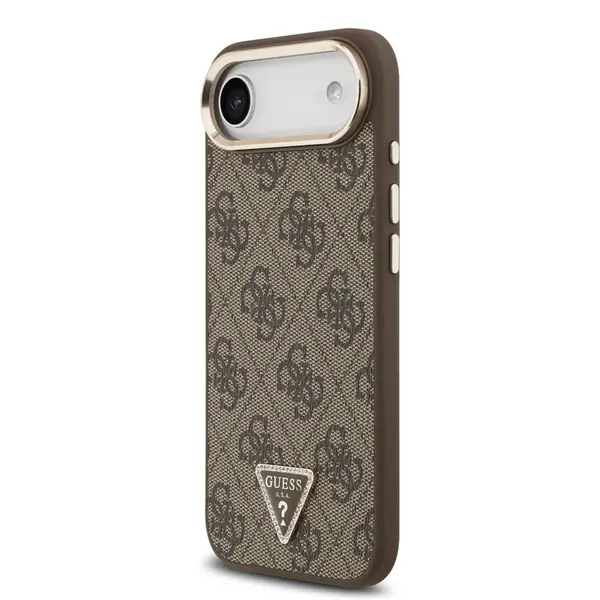 Zadní kryt Guess PU Leather 4G Strass Triangle Logo Gold Frame MagSafe pro Apple iPhone Air, hnědá