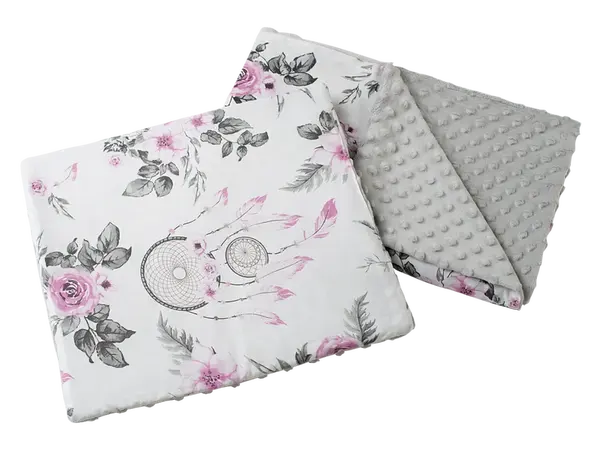 Medi Partners Quilt 55x75 + pillow 35x30 cotton + minky – Catchers with flowers + gray minky