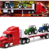 Peterbilt 387 Flatbed Truck Red with 2 Farm Tractors Blue and Green "Long Haul Trucker" Series 1/32 Diecast Model by New Ray