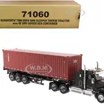 Kenworth T880 SBFA 40" Sleeper Cab Tridem Truck Tractor Black Metallic with Flatbed Trailer and 40 Dry Goods Sea Container "TEX" "Transport Series" 1