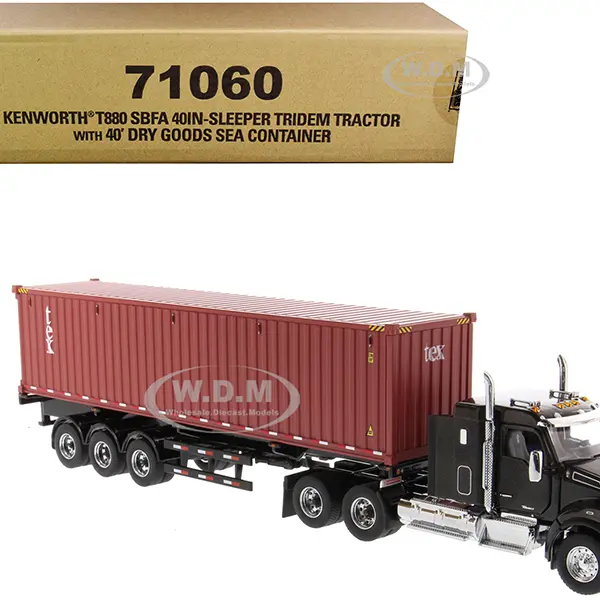 Kenworth T880 SBFA 40" Sleeper Cab Tridem Truck Tractor Black Metallic with Flatbed Trailer and 40 Dry Goods Sea Container "TEX" "Transport Series" 1