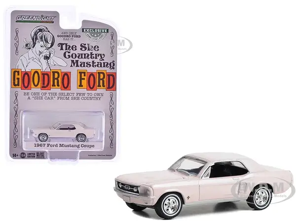 1967 Ford Mustang Coupe "She Country Special - Bill Goodro Ford Denver Colorado" Bermuda Sand "Hobby Exclusive" Series 1/64 Diecast Model Car by Gree