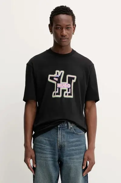 Bavlněné tričko Hugo Blue Nedirix pánské, černá barva, s potiskem, 50549162