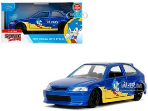 1997 Honda Civic Type R Blue Metallic with Graphics "Sonic the Hedgehog" (1991) Video Game "Hollywood Rides" Series 1/32 Diecast Model Car by Jada