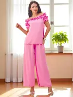 Resti Women's set with an off-the-shoulder blouse with short sleeves and decorative neckline, and flared pants