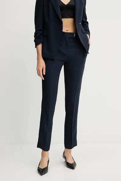Kalhoty BOSS dámské, tmavomodrá barva, přiléhavé, high waist, 50541990