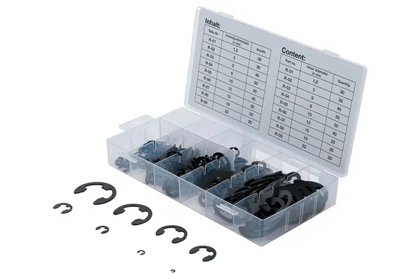 BGS technic Pojistné kroužky třmenové („E-kroužek“), velikosti 1,5 až 22 mm, sada 300 ks – BGS 8039