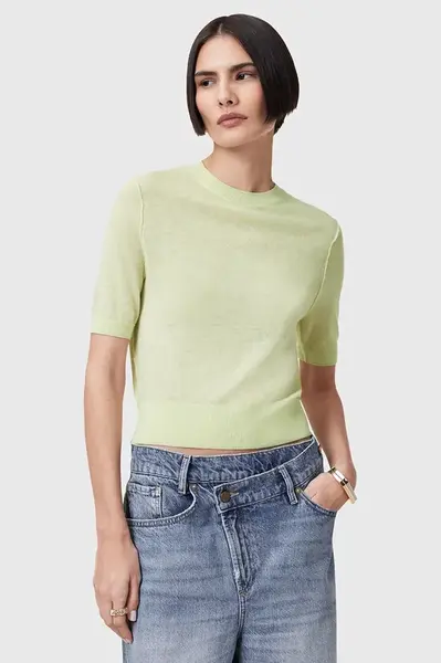 Vlněné tričko AllSaints ELSIE dámské, zelená barva, hladká, W068KC