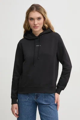 Bavlněná mikina Calvin Klein Jeans dámská, černá barva, s kapucí, s aplikací, J20J225364