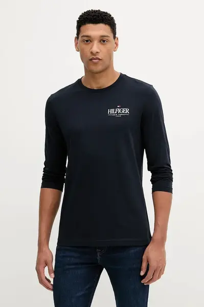 Bavlněné tričko s dlouhým rukávem Tommy Hilfiger tmavomodrá barva, s potiskem, MW0MW41293