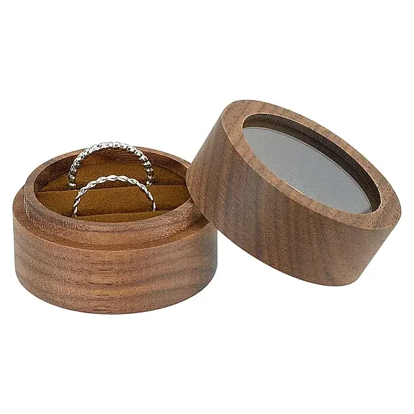 Round Walnut Wooden Engagement Ring Boxes