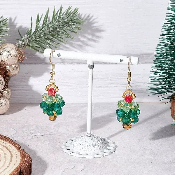 304 Stainless Steel Glass Seed Beads Christmas Tree Dangle Earrings