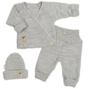 Baby Nellys Rostoucí pletený zavinovací svetřík, kalhoty a čepice, 3D - šedá, vel.56/62