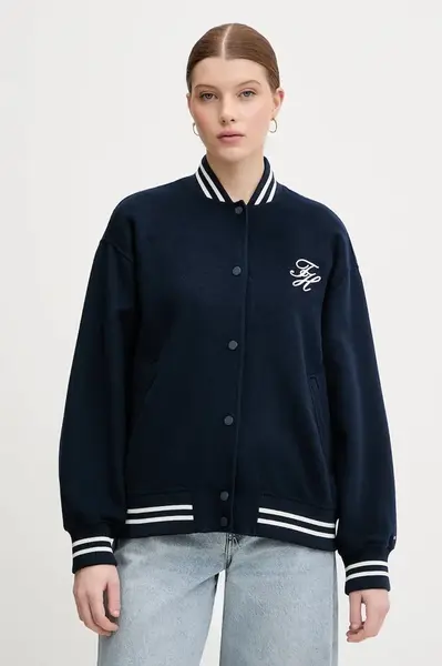 Bomber bunda s příměsí vlny Tommy Hilfiger tmavomodrá barva, oversize, WW0WW47760