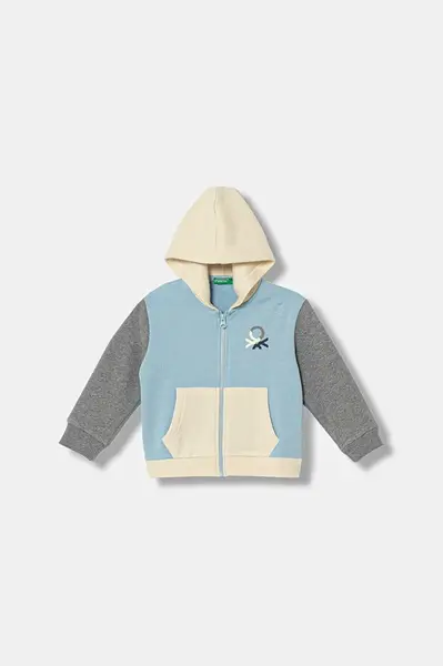 Dětská mikina United Colors of Benetton modrá barva, s kapucí, s potiskem, 3EB5G5043