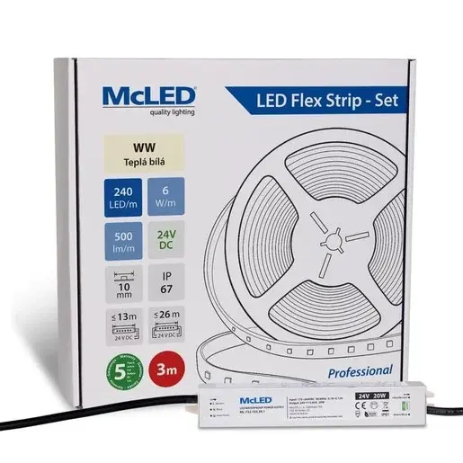 McLED LED páska - sada 3 m, 240 LED/m, WW, 6 W/m, DC 24V, 500 lm/m, CRI90, IP67, 10 mm, vodič 3 m ML-126.034.90.S03001