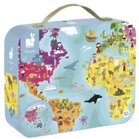 Janod Puzzle v kufříku oboustranné Zeměkoule Mapa světa 208 ks