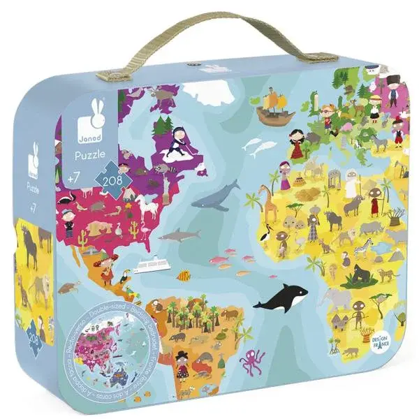 Janod Puzzle v kufříku oboustranné Zeměkoule Mapa světa 208 ks