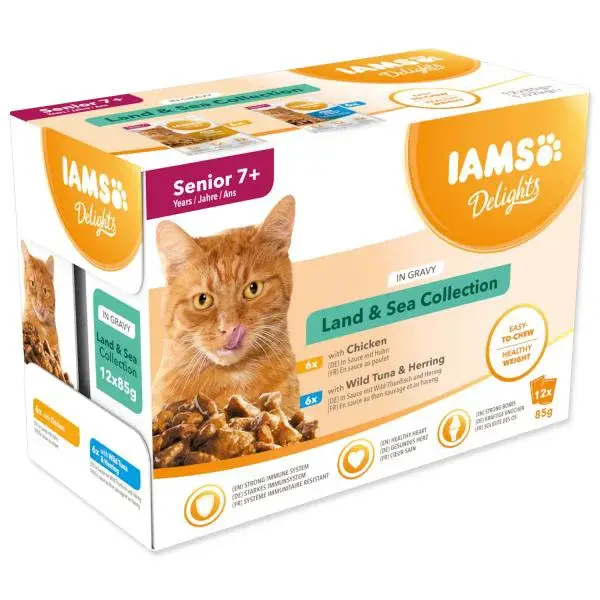 Kapsička IAMS Delights senior mořské a suchozemské maso v omáčce 1020g (12x85g)