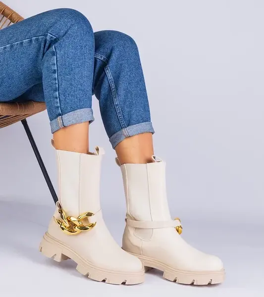 Gemre Beige ankle boots decorated with a chunky chain Florisenda