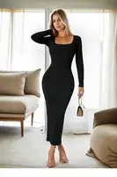 99444 Dewberry Square Neck Long Sleeve Women Dress-BLACK