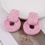 Rectangle with Flat Round Alloy Raffia Dangle Stud Earrings