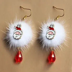 Pompon with Teardrop Alloy Rhinestone Dangle Earrings