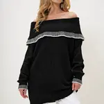 Trend Alaçatı Stili Women&#039;s Black Madonna Collar Stripe Detail Oversize Winter Knitted Sweater