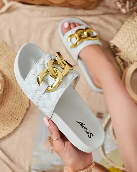 Resti Blue women's quilted slippers with a gold chain Eteris - Footwear