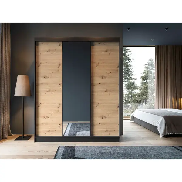 Šatní skříň Esville III Barva korpusu: Černá, Rozměry: 180 cm, Dveře: Dub artisan + zrcadlo