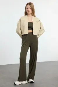 Trendyol Khaki Wide Leg/Relaxed Cut High Waist Flexible Trousers