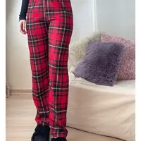 17947 Dewberry Plaid Checkered Cotton Velvet Pyjama Bottoms-RED-BLACK