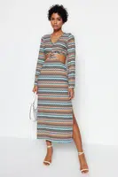 Trendyol Multi Color Cut Out Detail Printed Stretch Midi Knitted Dress