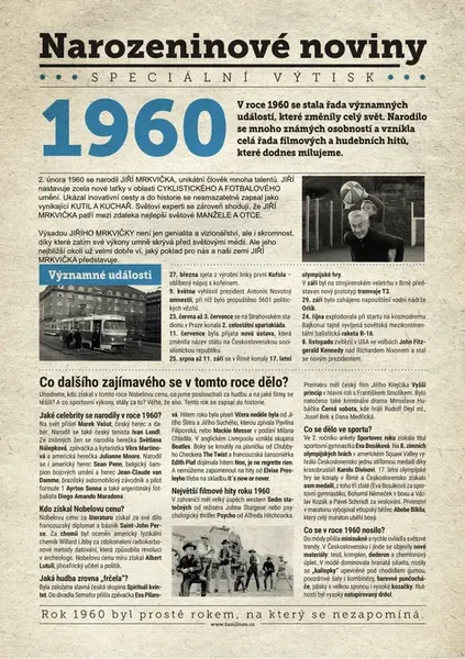 Narozeninové noviny 1960 s vlastním textem a fotografií, S textem