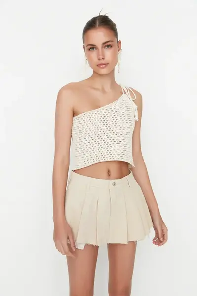 Trendyol Ecru Pleated Mini Denim Shorts Skirt