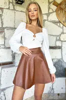 Trend Alaçatı Stili Women's Brown Elastic Waist Faux Leather Flared Mini Skirt