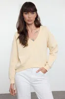 Trendyol Stone Basic Regular/Normal Pattern V-neck Thick Polar Fleece Knitted Sweatshirt