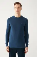 Pánský svetr Avva, indigo, kulatý výstřih, žakárový, slim fit.