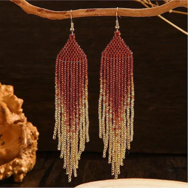 Bohemian Style Handmade Glass Seed Beads Tassel Stud Earrings
