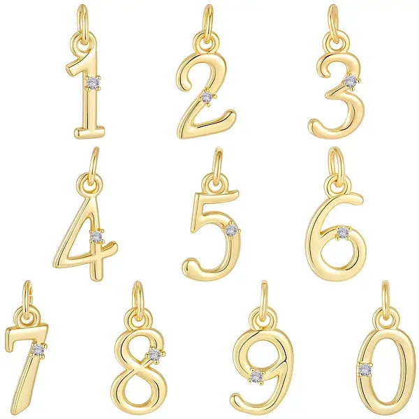 10Pcs 10 Styles Brass Micro Pave Clear Cubic Zirconia Charms