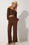 Štěstí Istanbul Dámská Hnědá Carmen Límec Krátký Top, Kalhoty Lněný Oblek