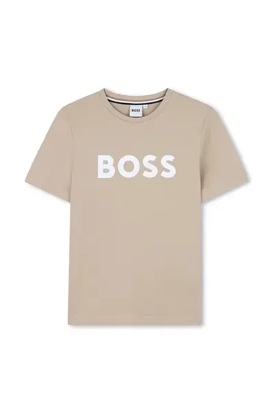 Dětské bavlněné tričko BOSS béžová barva, s potiskem, J52030